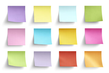 Set of colorful sticky notes grid layout, isolated on transparent cutout background