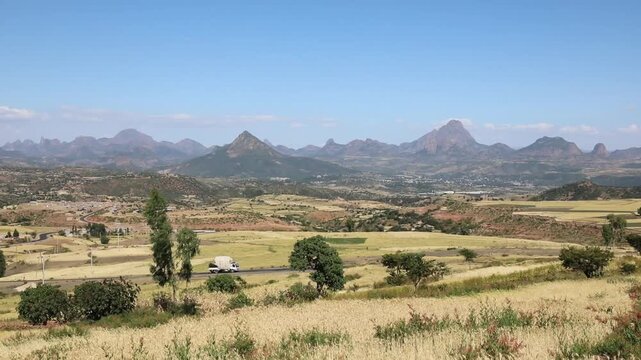Dramatic view of the jagged Adwa mountain peaks from the ground in Tigray, North Ethiopia