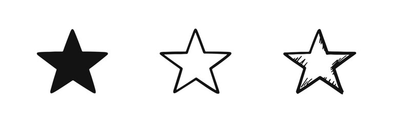 Obraz premium Variety of star icons in solid, outline, and hand-drawn styles, suitable for rating, favorites, and quality indicators.