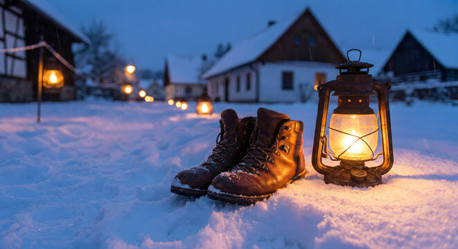Winter Boots and Lantern in Snow Path