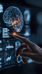 Obraz premium Businessman Interacting with AI Brain Hologram and Futuristic Data Analytics Interface