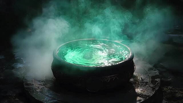 A magical cauldron emitting an ethereal green glow, perfect for fantasy-themed content and mystical storytelling.