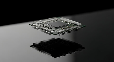 Microchip isolated on black reflective surface, high detail shot
