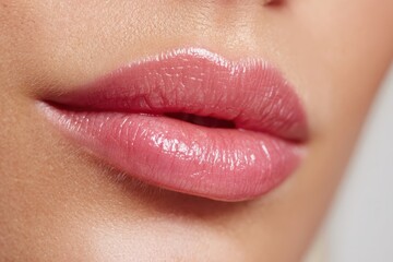 Young woman wearing light fresh lip make up. Slightly opening mouth. Plump lips pink natural makeup. Part of female face. Extreme Close up of shiny lips. Beautiful Perfect Lips, skin. Lip augmentation