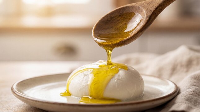 Fresh burrata cheese with olive oil on ceramic plate