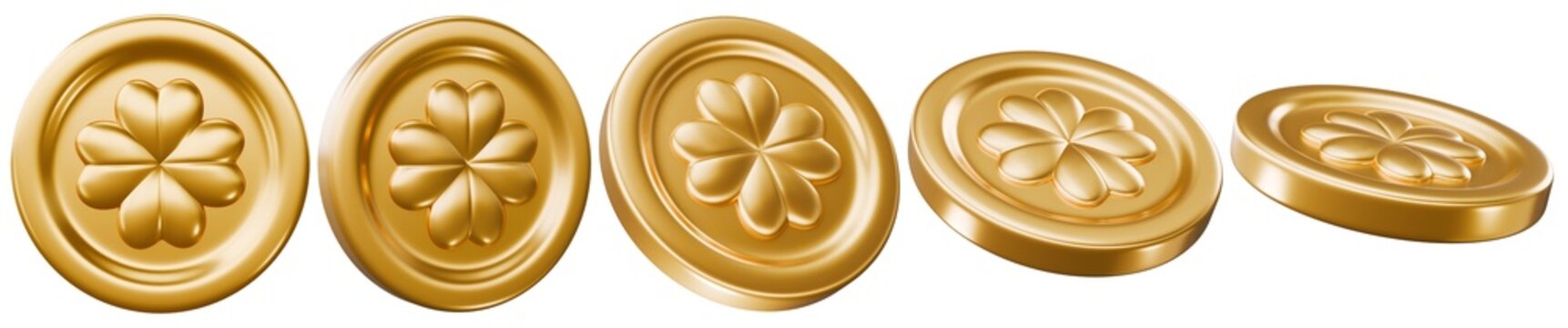 Leprechaun treasure, set of gold coins with shamrock or clover leaf with four petals. Good luck symbol. Design elements for Saint Patrick's Day celebration. 3d render transparent png illustration