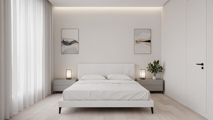 A minimalist bedroom with a white bed light wooden floor sheer curtains bedside tables lamps two abstract artworks and a houseplant
