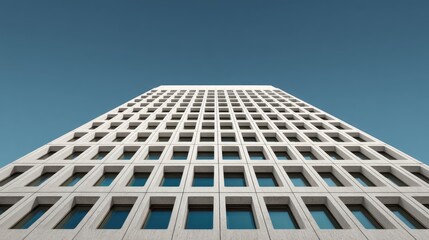 Fototapeta premium Modern Skyscraper with Geometric Facade Under Clear Blue Sky, Capturing Urban Architecture and Design Concepts from a Low Angle Perspective