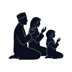 Muslim Family Praying Silhouette Vector Illustration