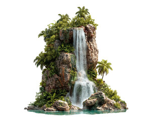 Tall tropical waterfall cliff with palm trees, isolated on transparent cutout background