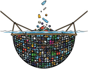 Plastic Pollution in Ocean Net Vector Illustration