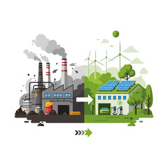 Pollution vs Clean Energy Transition Illustration Vector Graphic