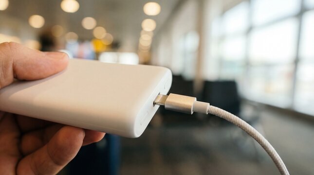 Hand holding portable charger with cable plugged in for device