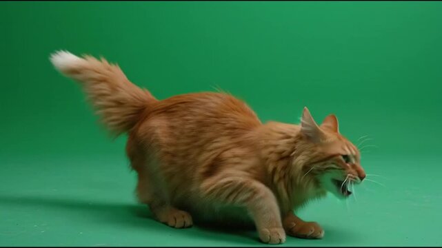 A ginger cat with its mouth open and tail raised, poised in a dynamic crawling position against a solid green background.