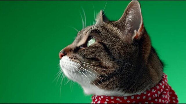 Close-up profile of a brown tabby cat wearing a red collar with white spots against a green background.