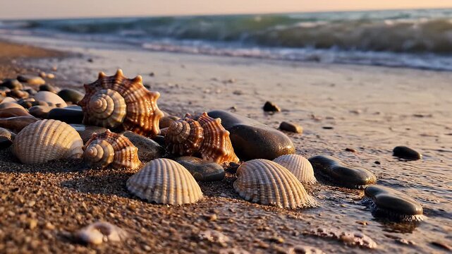 Dynamic Ocean Waves Gently Wash Over Seashells on a Golden Hour Beach Shoreline.