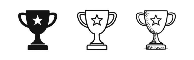 Set of Trophy Award Cup Icons in Solid, Outline, and Hand-Drawn Sketch Styles, Representing Success and Victory. © drawing lines