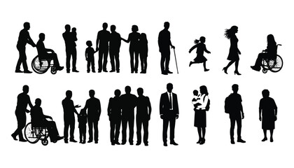 Diverse group silhouette with wheelchair users and families