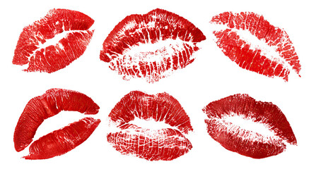 Set of red lipstick kiss marks, isolated on transparent cutout background
