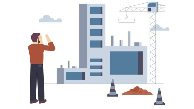 Engineers Discussing Building Plans animation, Project Supervision on Site animated video, construction workers clip, Skilled labor footage, Civil Engineering Works motion graphics