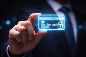 Man hand holds glowing credit card with lock icon for secure online payment and financial transaction