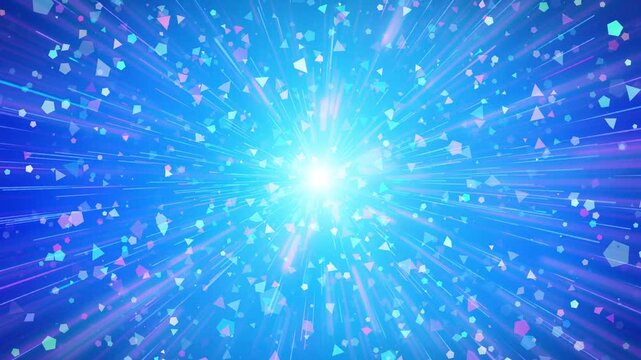 ワープ　キラキラ　ループ動画　集中線　効果線　エフェクト　ファンタジー　光る　抽象的　サンバースト　Warp drive.Sparkling blue background.Light rays burst from center.Loop video.