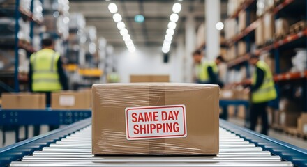 Expedited package dispatch on an automated conveyor system, symbolizing the efficiency of modern e-commerce logistics and swift delivery operations