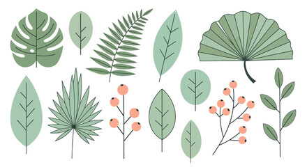 Minimalist Botanical Vector Set with Various Green Leaves and Berries