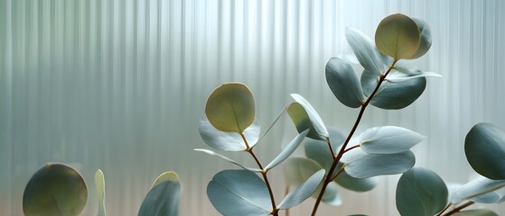 Close up of eucalyptus leaves against a textured frosted glass background