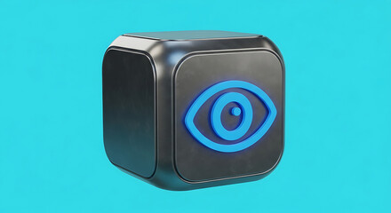 3D rendering of a sleek black cube with a blue eye icon.
