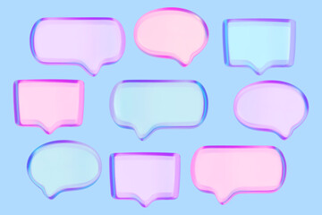 Fototapeta premium Color glass speech bubbles 3d realistic illustrations set. Pink, blue and purple text boxes with empty space for a message. Vector illustration