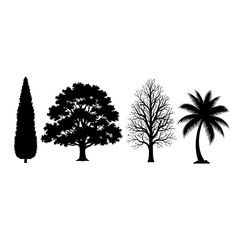 Fototapeta premium Diverse Tree Silhouettes: Cypress, Oak, Bare Tree, and Palm on White Background