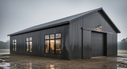 Fototapeta premium Modern metal barn structure on a rainy day, showcasing minimalist architecture and new construction design, perfect for adobepremiumvideo projects