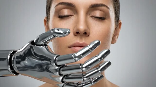 Robot touching woman head. AI robot and female user. Artificial intelligence with human connection for cybernetic interface technology.
