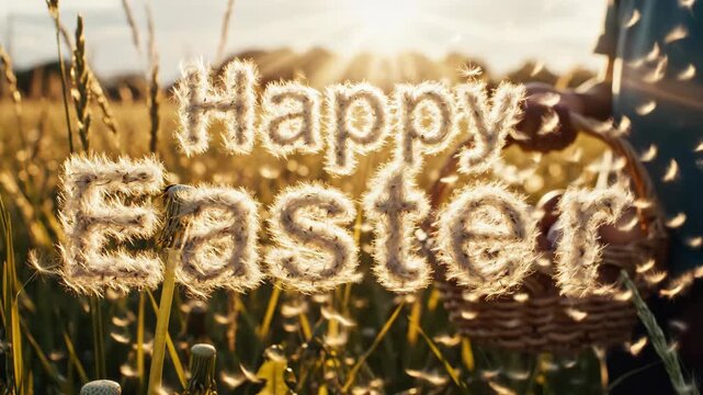 A hand holding a basket with eggs in a field of dandelions, with happy easter text over sunny spring sunset.