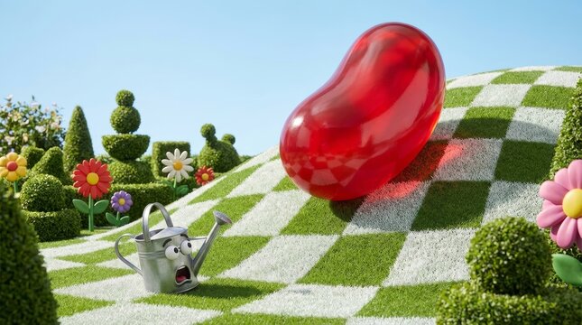Whimsical Garden Adventure Giant Jelly Bean and Scared Watering Can