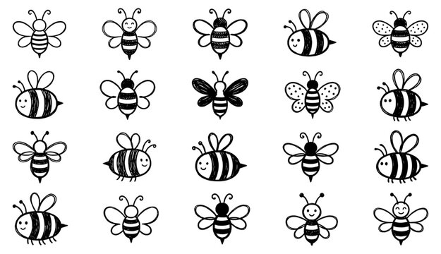 Cute Hand Drawn Doodle Bee Icons Collection Whimsical Sketch Style Illustrations Set for Kids Designs and Nature Themes White Background
