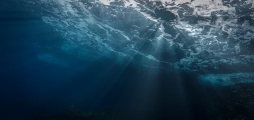 Fotobehang Zee Underwater photograhy of rays of sunlight coming through the wild ocean surface.  © Johan