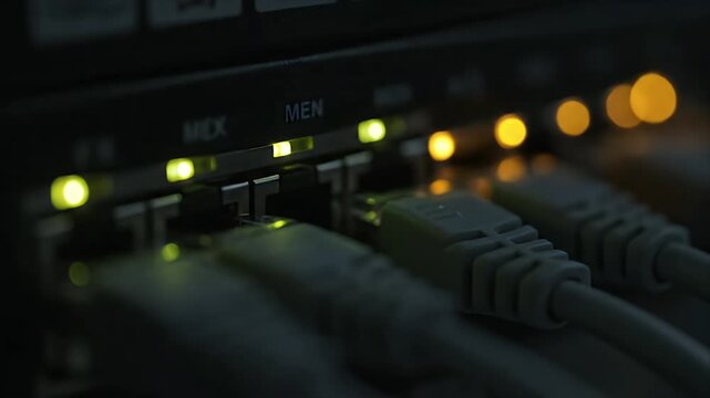 Close Up of Server Rack Lights and Network Cables in Data Center Glowing Green and Amber Soft Bokeh Background