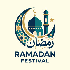 Fototapeta premium Ramadan Festival Vector Illustration with Mosque Crescent Moon and Arabic Calligraphy