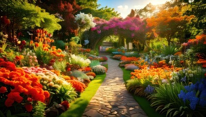 Fototapeta premium A Vibrant Garden Path - A Symphony of Colors and Natures Beauty.