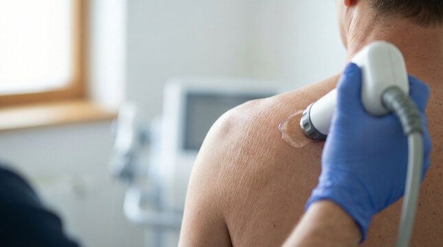 Physiotherapist Using Shockwave Therapy Device on Patient Shoulder Calcification Close Up