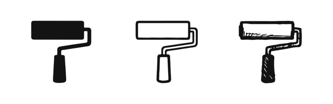 Paint roller icon set. Home renovation and painting tool symbol in solid, outline, and hand-drawn styles.