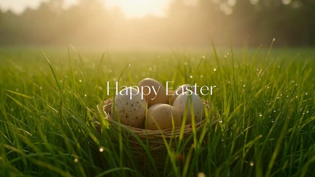 Basket of natural easter eggs in dew-kissed green grass during sunrise, with happy easter text appearing and disappearing, spring holiday concept