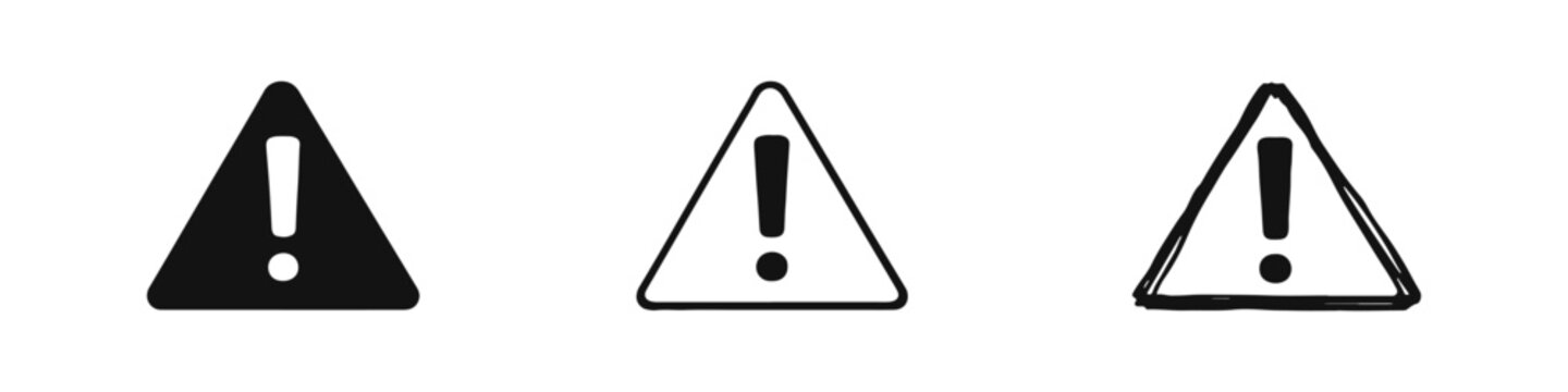 Warning sign icon set. Danger caution symbol with exclamation mark in various graphic styles.