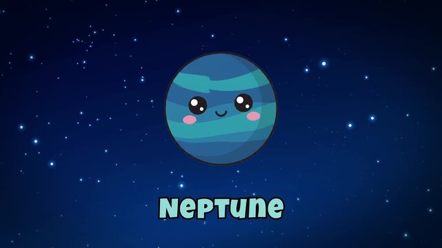 Animated cartoon of the planet Neptune with a smiling face and swirling blue patterns against a twinkling starry background.