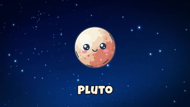 Animated cartoon of the planet Pluto with a smiling face and heart-shaped pattern against a twinkling starry space background.