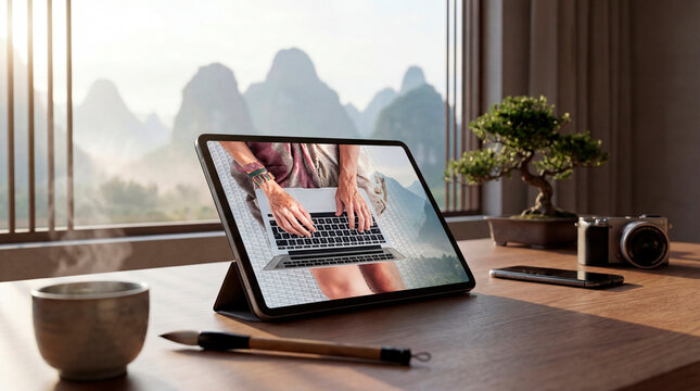 Remote worker lifestyle composing travel stories in serene mountain workspace