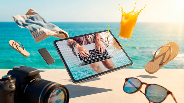 Digital nomad lifestyle working remotely from vibrant seaside travel destination