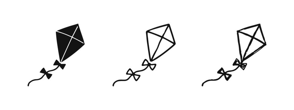 Simple Kite Icon Set with Solid, Outline, and Hand-Drawn Styles for Playful Design